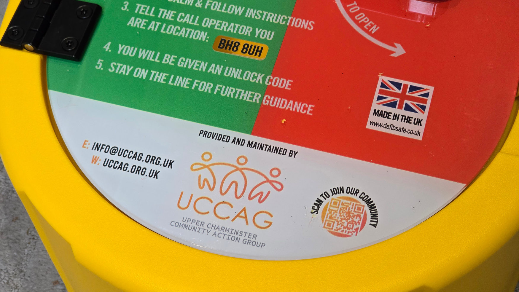 UCCAG branded emergency defibrillator and bleed-control cabinet