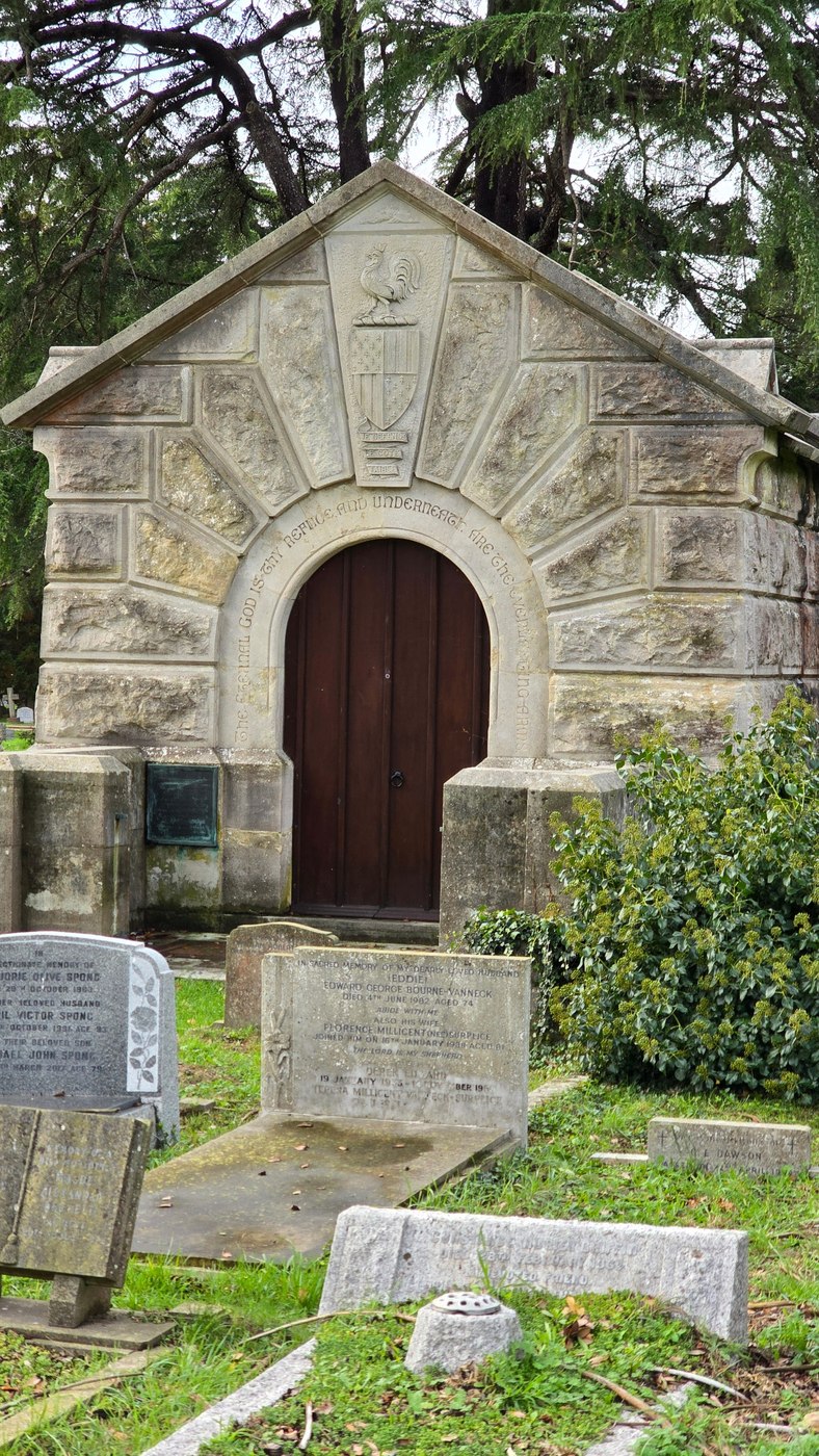Front entrance and stonework of the Russell-Cotes mausoleum in Wimborne Road Cemetery